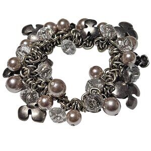 Elegant Silver Tone Beaded Flowers Chunky Cluster Chain Stretch Bracelet Jewelry